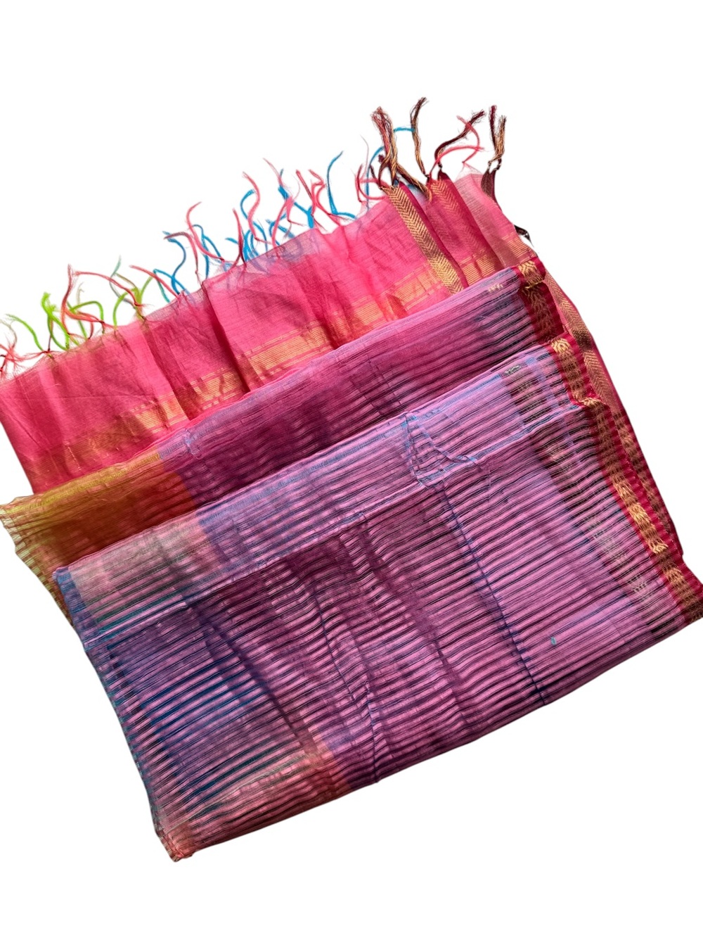 Fabindia Vibrant Pink Multicolor Silk Scarf with Gold Trim